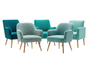 four mid-century modern armchairs in varying turquoise, teal, and aqua textures (velvet, bouclé, tweed, linen) and light oak legs, isolated on a transparent backdrop, conveying sophisticated