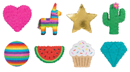 Mexican pinata set including heart, donkey, star, cactus, ball, watermelon, cupcake, and diamond shapes isolated. Party celebration and festive decoration collection.