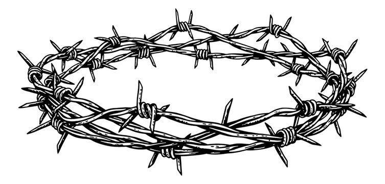 Barbed Wire Crown Detailed Black and White Line Art Drawing Symbolizing Sacrifice and Suffering