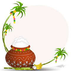 Pongal Festival Pot Decorated with Sugarcane and Copy Space for Text