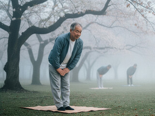 Senior Man Doing Morning Yoga Outdoors in Misty Park With Others