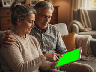 Warm Evening With An Elderly Couple Sharing a Tablet At Home, Feeling Connected And Comfortable