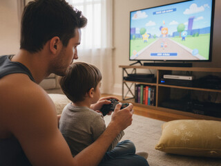 Father And Son Play Video Game Together On Couch In Cozy Living Room