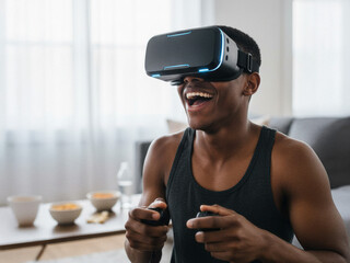 Smiling Man Plays Virtual Reality Game With Headset In Modern Living Room