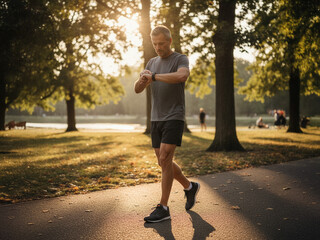 Man In Park Checks Watch At Sunset While Jogging For Fitness And Wellness