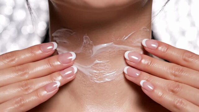 Applying cream to the neck for skincare and beauty treatment, close-up view.