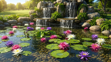 A serene pond setting with multiple water lilies in bloom