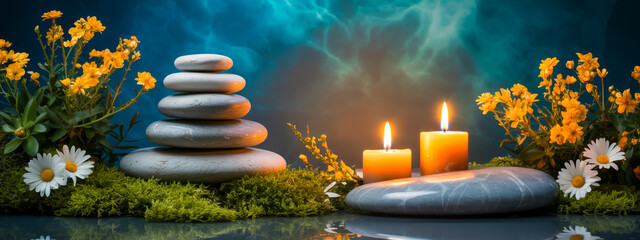 A serene spa-themed composition featuring a balanced stack of five gray river stones on a bed of vibrant green moss