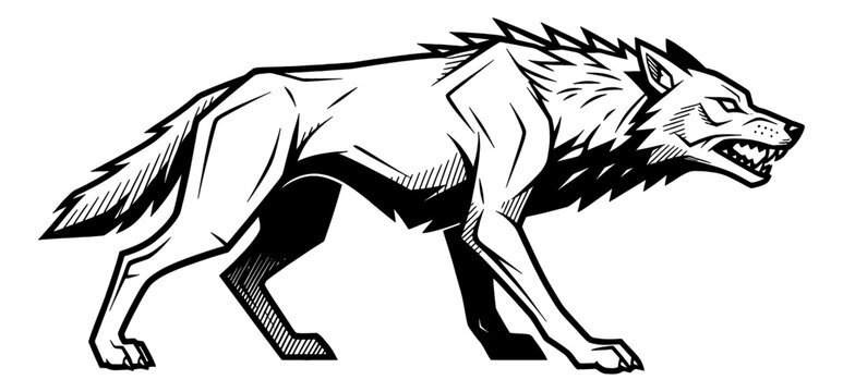Menacing wolf growling with bared teeth in a black and white vector illustration style