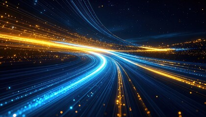 Abstract light trails in blue and gold create a dynamic futuristic scene.