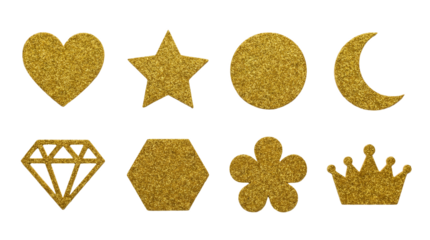 Gold glitter shape set including heart, star, moon, diamond, hexagon, flower, and crown isolated. Festive party and craft scrapbooking elements.