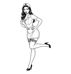Fototapeta premium Seductive Pinup Woman Nurse Posing Smiling Confidently in Uniform Stockings and Heels Vector Illustration