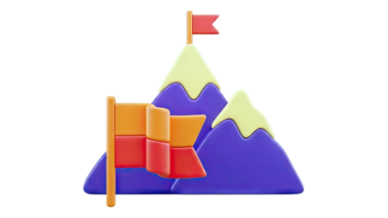 3D Icon of Mountains with Flags Symbolizing Achievement