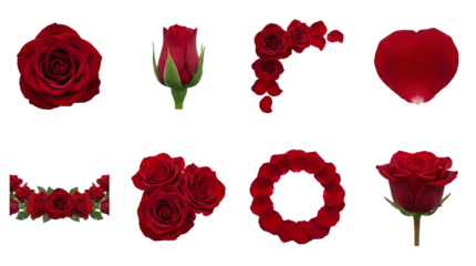 Red rose set including blooming flower heads, buds, petals, heart shapes, and floral arrangements isolated. Romantic wedding and valentines day decorative elements.