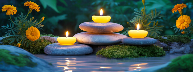 A serene zen garden scene featuring a balanced stack of three smooth gray stones placed on moss-covered rock