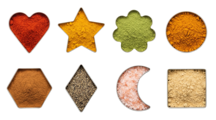 Aromatic spices and seasoning set including heart star flower circle hexagon diamond moon and square shapes isolated. Culinary ingredients and condiments collection.