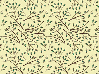 Spring soft, muted seamless background, frame of floral tree branch, leaves, plants. Elegant, stylish elements for Decoration. Hand drawing doodles of vintage botanical elements
