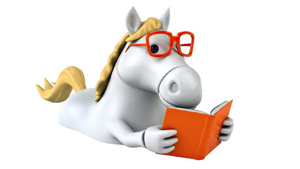 Cartoon horse with glasses reading a book