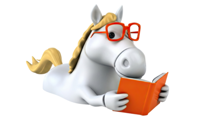 Cartoon horse with glasses reading a book