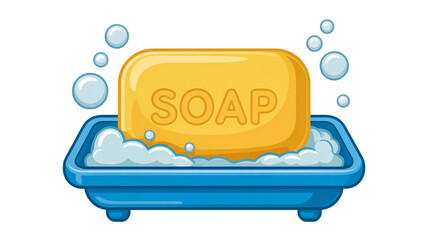 A simple cartoon illustration of a yellow soap bar with the text SOAP embossed on its surface, sitting in a blue plastic soap dish