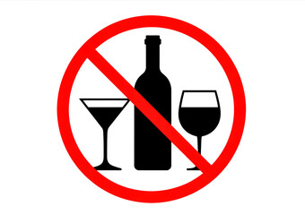 A simple warning sign with a red circle and diagonal line (prohibition symbol) drawn through black silhouettes of a wine bottle and two wine glasses
