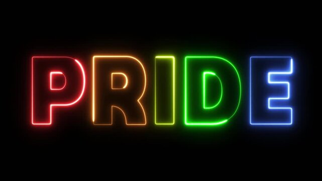 Animated neon text &ldquo;PRIDE&rdquo; with glowing rainbow outlines on transparent background. Vibrant, modern motion graphic ideal for LGBTQ+ inclusion, diversity, equality, and awareness content