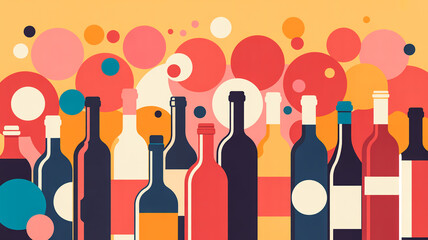 A stylized digital illustration of wine bottles arranged horizontally against a vibrant background of overlapping circles and dots