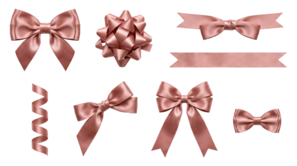 Rose gold satin ribbon set including classic bows, star bow, curly strand, and straight strips isolated. Decorative gift wrap and celebration elements.
