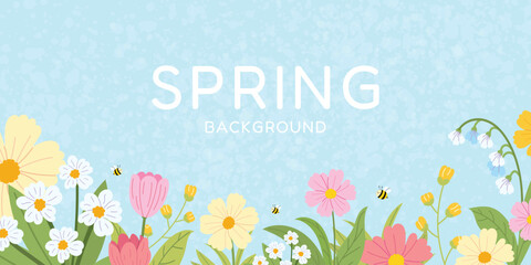 Spring floral background with blooming flowers, green leaves. Botanical design for banner, poster, greeting card or seasonal decoration. Flat vector illustration. © Hanna Bykova