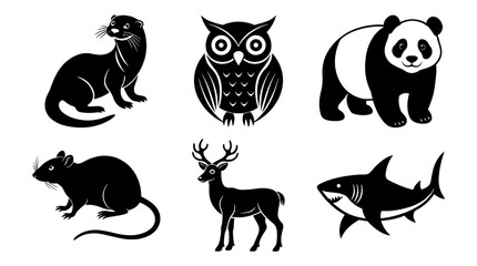 Six distinct animal silhouettes. Starting from the top left, there's an otter sitting upright, followed by an owl with large eyes