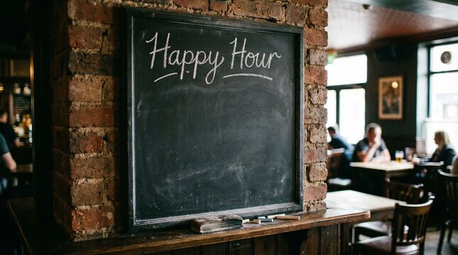 Vintage Wall Chalkboard with Happy Hour Writing in Cozy Pub Atmosphere