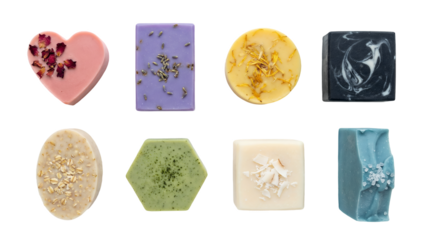 Natural handmade soap bar set including rose heart, lavender rectangle, marigold circle, and charcoal square shapes. Organic beauty and skin care collection.
