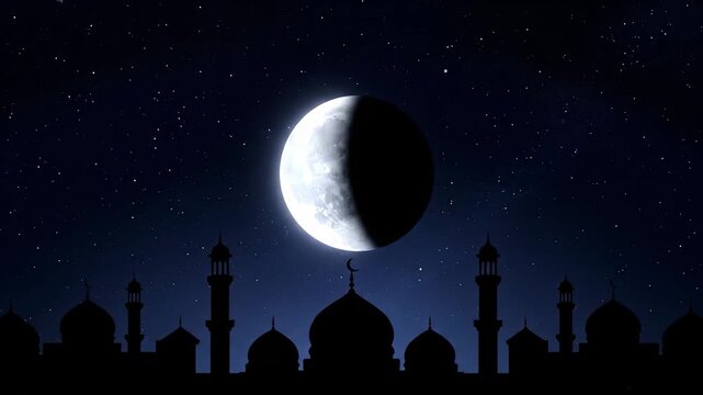 Mosque Silhouette Night Sky Full Moon Changing Phase Ramadan Background
