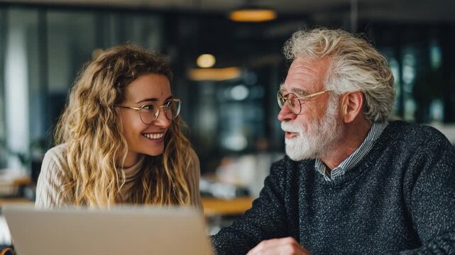 Mentorship Moment: A young woman, filled with a sense of understanding and focus, engages in a moment of shared insight with an older mentor, both absorbed in thoughtful dialogue around a laptop.