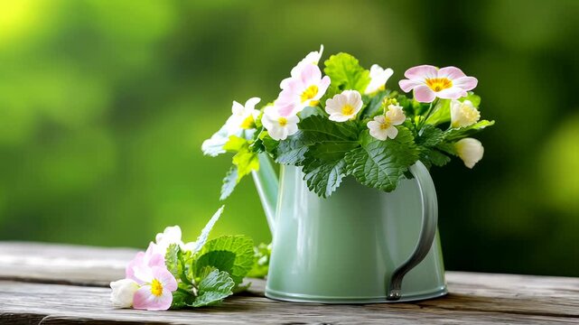 Pink and white primrose flowers arranged in a small, light green watering can, creating a charming spring scene on a weathered wooden surface