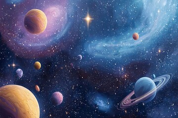 A vibrant blue planet orbits a glowing sun within a vast star-filled galaxy and cosmic nebula of the outer solar system universe