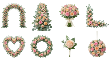 Floral wedding arrangement set including arch, wreath, bouquet, heart, and boutonniere isolated. Romantic rose and eucalyptus flower collection for event decor.