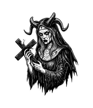Dark Nun with Horns Holding Broken Cross Gaze Full of Fury in Black and White Engraving Style