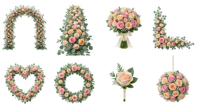 Floral wedding arrangement set including arch, wreath, bouquet, heart, and boutonniere isolated. Romantic rose and eucalyptus flower collection for event decor.
