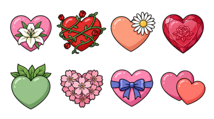Heart set including floral, jeweled, leafy, ribbon wrapped, and double hearts isolated. Romantic decoration and Valentine's Day symbol collection.