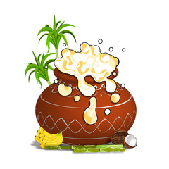 Pongal festival pot with sugarcane and boiled rice vector illustration