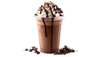 Iced blended drink in clear cup with whipped topping and chocolate drizzle