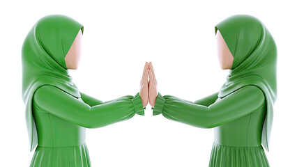 Two women in green hijabs performing a greeting gesture