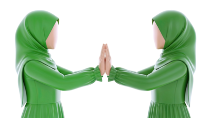 Two women in green hijabs performing a greeting gesture