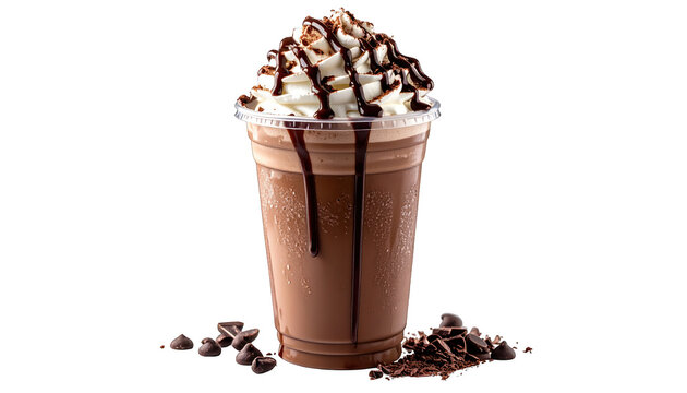 Iced blended drink in clear cup with whipped topping and chocolate drizzle