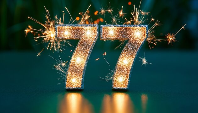 77th Anniversary Celebration with Glittering Digits and Sparkling Lights on Green Background