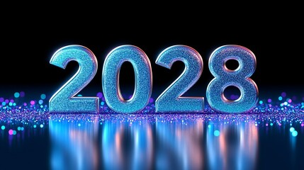 Celebrating the Glittering Year 2028 with Shimmering Blue and Purple Spheres and Sparkling Lights
