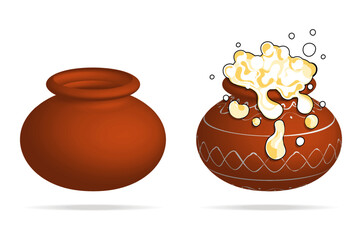 Plain clay pot and decorated pongal pot with overflowing rice vector illustration