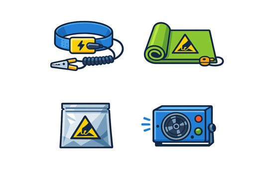 Anti-static equipment icons set: wrist strap, mat, bag, and power