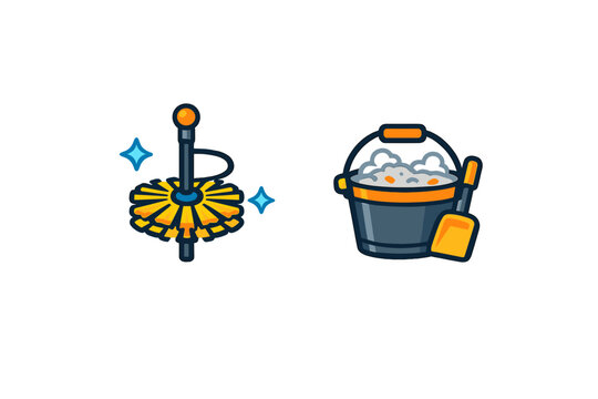 Cleaning tools: Toilet brush and bucket with scoop